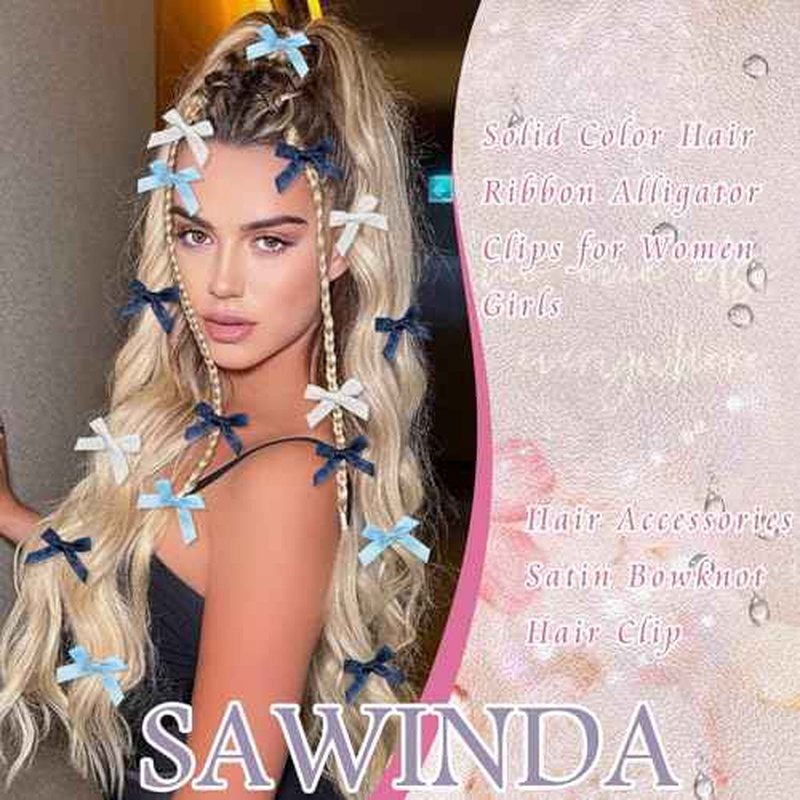 30PCS Navy Blue Mini Hair Bows Small Blue Bows for Hair Silky Satin Bows for Women Cute Hair Ribbon Bowknot Barrettes Sweet Alligator Hair Bow Clips Accessories for Teens and Girls