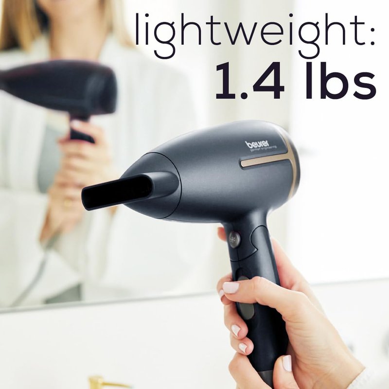 Beurer HC25 Ionic Hair Dryer for Travel with Voltage Switch 1600W Anti Frizz Blow Dryer, Foldable Handle, Lightweight Styler, Nozzle Attachment, Black and Rose Gold