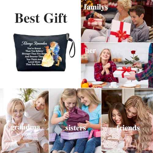 You Are Braver Stronger Funny Canvas Zipper Makeup Bag, Travel Accessories Storage Toiletries Bag, Beauty Beast Inspired Gifts, Gifts for Beauty Beast Movie Fans Sister Friend Daughter