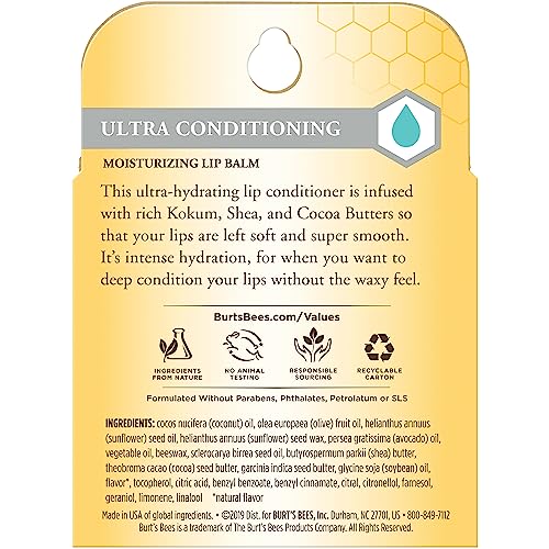 Burt's Bees Lip Balm Stocking Stuffers, Moisturizing Lip Care Christmas Gifts for All Day Hydration, Ultra Conditioning with Shea, Cocoa & Kokum Butter, 100% Natural (4-Pack)