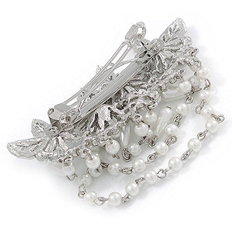 Rhodium Plated Floral Barrette Hair Clip - Clear Crystal & White Faux Pearl | 95mm