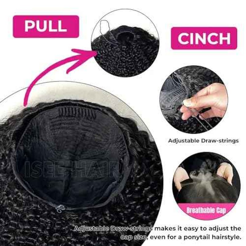 ISEE Half Wig Afro Curly 3 In 1 Half Wig Glueless Wigs Human Hair Seamless Kinky Curly Flip Over Beginner Friendly Wear & Go Drawstring Band Clip in Human Hair Black Color 20 Inch