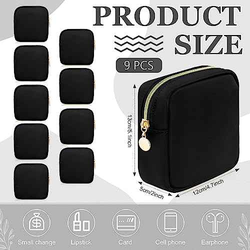 9 Pcs Mini Makeup Bags Bulk Nylon Cosmetic Bags for Purse Travel Bag Pouch Toiletry Organizer Pouches Bag for Women, Small Zipper Pouch Preppy Coin Purse for Custom Birthday Gifts (Black)