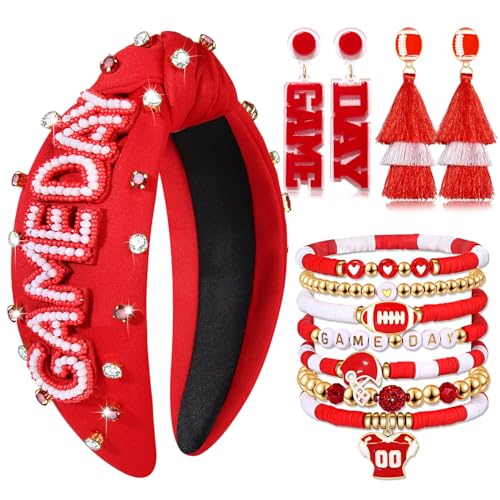 Game Day Headbands for Women Red Spirit Day Accessories Jeweled Football Headband Heishi Bracelets Game Day Tassel Earrings Football Mom Game Day Accessories Outfits Gifts