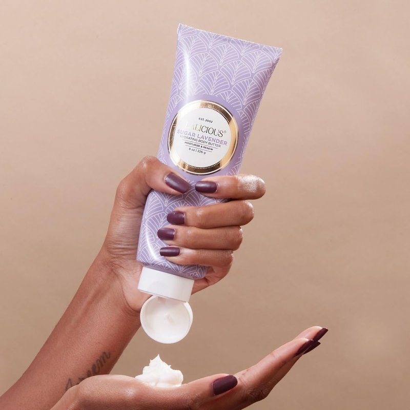 LALICIOUS Sugar Lavender Whipped Body Butter 8oz | Ultra-Hydrating Shea Butter Body Cream with Hyaluronic Acid, Vitamin C & Peptides | Deep Moisturizing Lotion for Dry Skin | Calming Lavender Scent