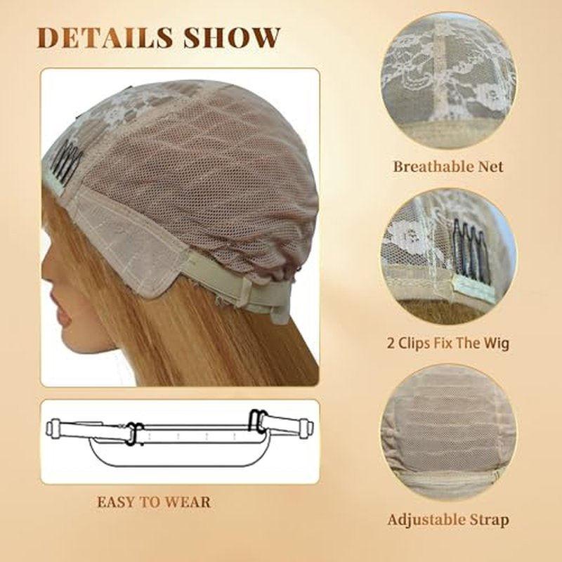 48 Inches Surper Long Straight Wig for Women Flat Bangs Soft Yaki Kinky Wigs for Daily Party Halloween Christmas Cosplay Wig Synthetic Hair Strawberry Blonde 120CM