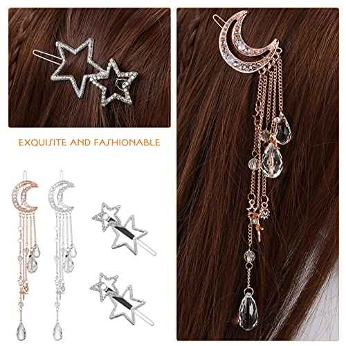 Beaupretty 4Pcs Moon Star hair clips Rhinestone Barrettes with Beads Tassel Hair charms Jewelry for Women Girl Silver Golden