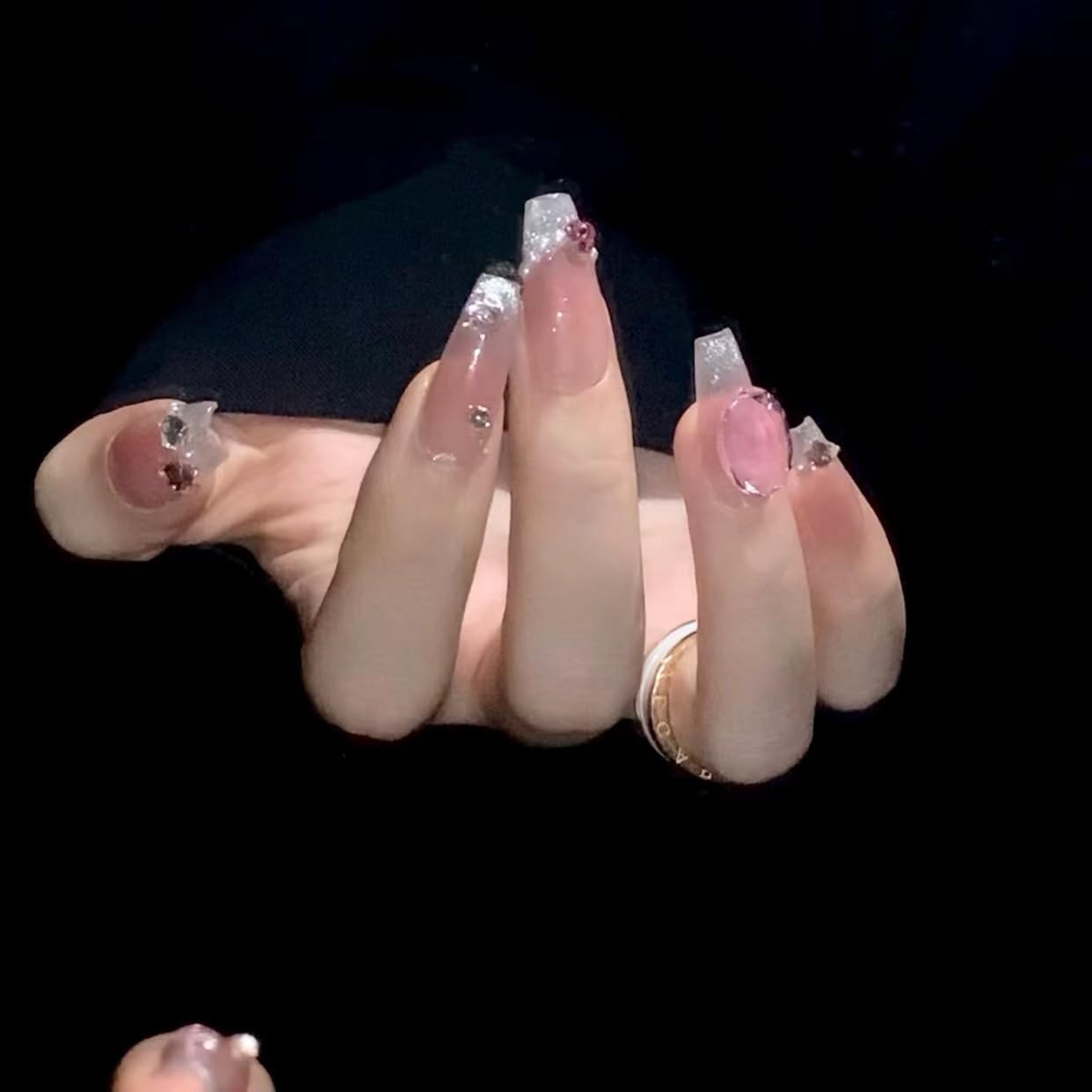 3D Squoval Press-On Nails with Star Glitter - Pink Fake Nails for Women & Girls