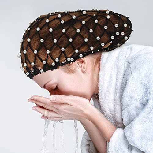 MTLEE 4 Pieces Snoods for Women Hair Net Pearl Crochet Mesh Hairnet Mesh Rayon Knit Hair Wrap Cover for Sleeping