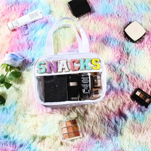 Chenille Letter Clear Makeup Bags Snacks Bag for Travel, Preppy Patch Nylon Cosmetic Pouch with Handles and Zipper, Waterproof Large Clear Travel Toiletry Purse Storage for Women White