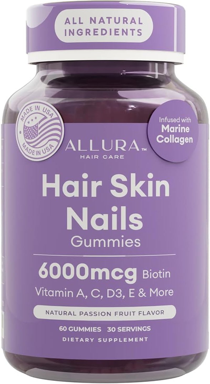 Hair Skin and Nails Vitamins - Extra Strength 6000mcg Biotin Gummies with Marine Collagen | Passion Fruit, 60ct for Healthy Hair Growth