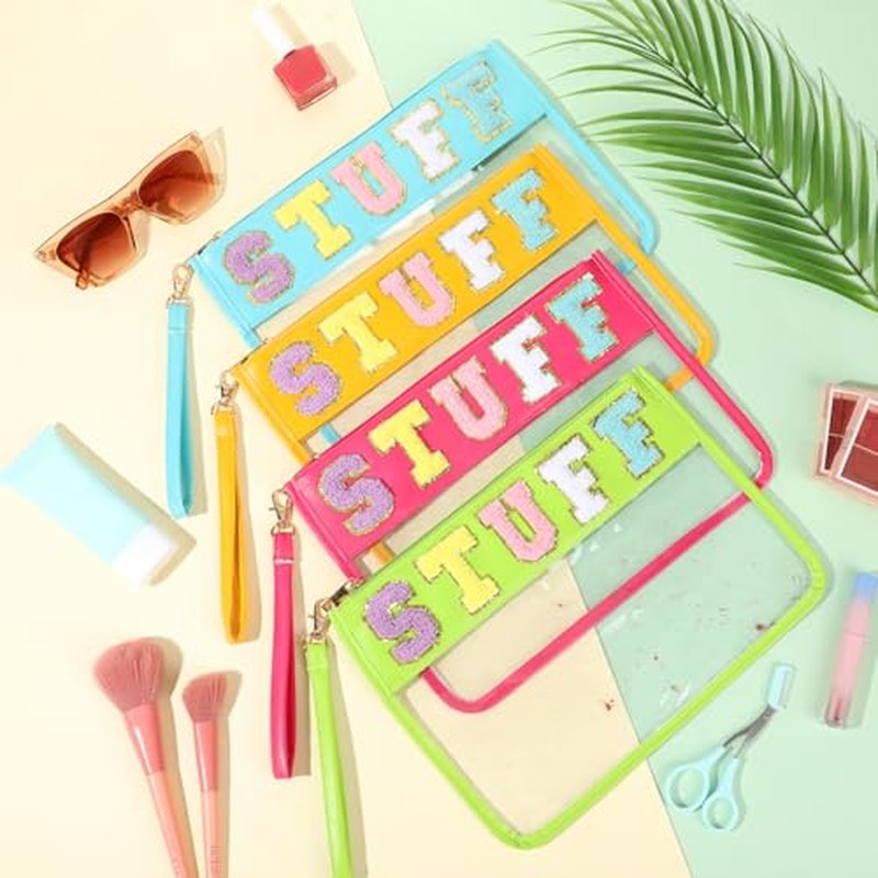 Nuanchu 9 Pcs Clear Chenille Letter Bag Stuff Pouch PVC Waterproof Preppy Cosmetic Makeup Bag Snack Travel Beach Pouch with Wrist Let for Teen Women Gifts Operation Christmas Thanksgiving Gifts Items