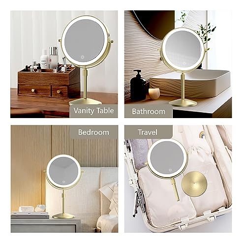 8" Lighted Makeup Mirror, 1X/10X Magnification, Double Sided Dimmable, Rechargeable & Height Adjustable, Cordless Vanity Mirror (Gold)