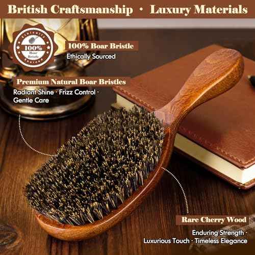 Boar Bristle Hair Brush Since 1965 British Craftsmanship, Handmade Natural Wooden Slick Back Hairbrush/Beard Brush, Pure Soft Bristles Gentle Detangling Women Men Kids Thin Fine Hair, Smooth & Shine
