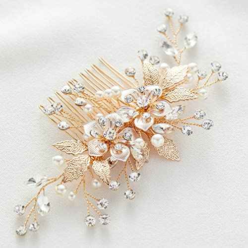 SWEETV Flower Bride Wedding Hair Comb Pearl Bridal Crystal Leaf Gold Headpiece Rhinestones Handmade Jewelry for Women and Girls