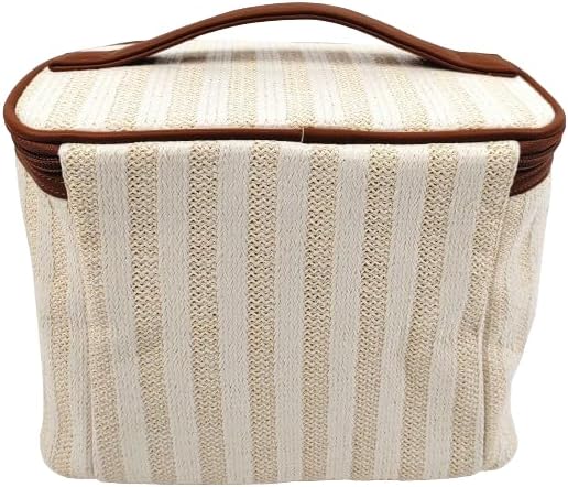 ANEW Cosmetic Bag - Stylish Striped Train Case in Beige/Tan | Perfect for Travel & Organization