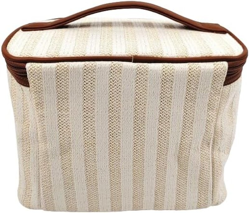 ANEW Cosmetic Bag - Stylish Striped Train Case in Beige/Tan | Perfect for Travel & Organization