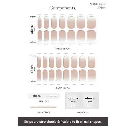 ohora Semi Cured Gel Nail Strips (N Mild Latte) - Nude, Ombre, Works with Any UV/LED Lamps, Salon-Quality, Long Lasting, Easy to Apply & Remove - Includes 2 Prep Pads, Nail File & Wooden Stick