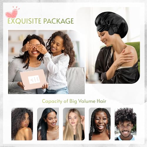 BONNET QUEEN Silk Bonnet for Sleeping Satin Bonnet with Tie Hair Wrap Double Layer Sleep Cap for Women Curly Hair, Black Silver