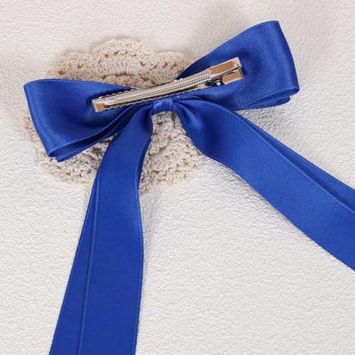 Royal Blue Large Hair Bows Alligator Clip 5.5" Solid Satin Polyester Ribbon Ponytail Hair Barrettes with Long Tail Wedding Dress Decor Accessories for Women Toddler Teen Girls