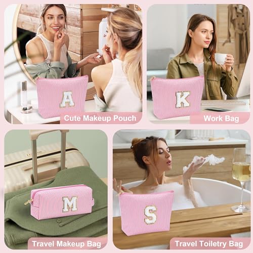 YOOLIFE Personalized Initial Makeup Bag for Women | Pink Cosmetic Travel Toiletry Bag | 11 12 13 14 15 16 Years Old Girl Gifts | Preppy Stuff Teen Girl Gift Trendy Stuff A