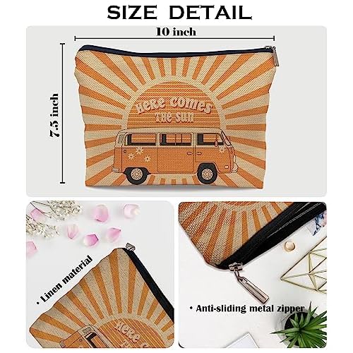 Ayxvt Here Comes the Sun Hippie Bus Sunshine Makeup Bag,Hippie Purse Pouch Travel Toiletry,Here Comes the Sun hippie Gifts for women