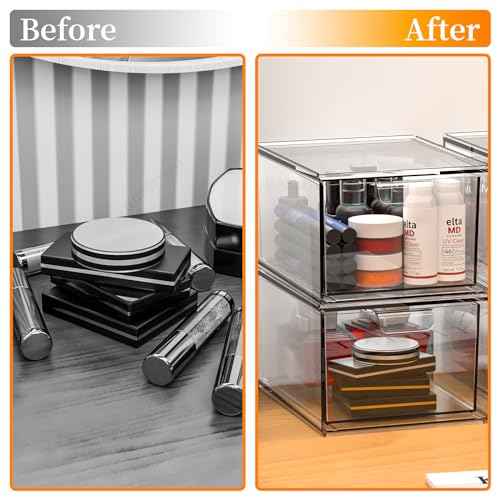 Cq acrylic Stackable Storage Drawers Set of 2,Under Cabinet Stackable Bins and Pull out Drawers Storage Container,4.4'' Tall Clear Plastic Organizer Bins for Makeup,Beauty Product,Machine Organizing