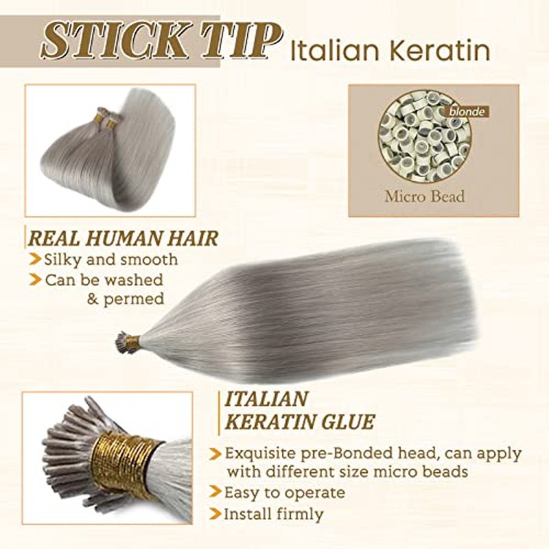 I Tip Hair Extensions Platinum Sliver Human Hair I Tip 100% Real Human Hair Extensions Sliver Silky Straight Extensions I Tips Human Hair Extensions for Women Invisible Cold Fusion Hair