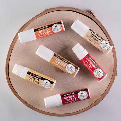 Dionis Goat Milk 6 Pc Lip Balm Ornament - Vanilla, Coconut, Milk & Honey, Berry, Peppermint & Blood Orange Scented Chapstick - Shea Butter & Coconut Oil, Protect & Restore Lips 0.28oz