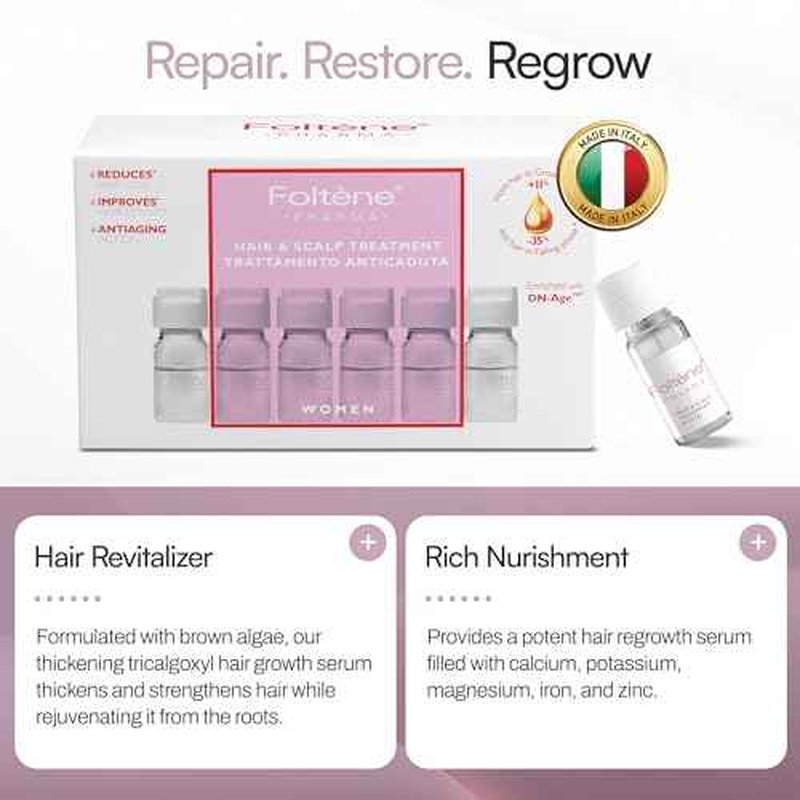FOLTENE Hair Regrowth Treatment for Women ? Hair Serum for Hair Growth with Tricalgoxyl ? Anti-Thinning Scalp Formula for Thicker, Stronger Hair ? Free from Parabens & Sulfates ? 12 Vials