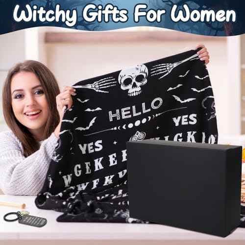 7 Pcs Witchy Gifts for Women Gothic Ouija Blanket Astrology Witch Canvas Tote Bag Makeup Bag Glass Cup Necklace Witchy Stuff Spooky Favors Gothic Gifts for Women