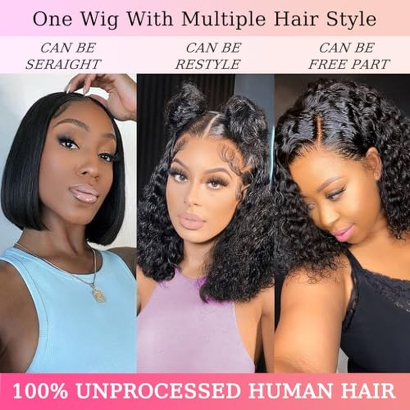 Curly Bob Wig Human Hair 13x6 Frontal Lace Wig Deep Curly Virgin Human Hair Wig Pre Plucked HD Transparent Lace Frontal Wigs for Women Natural Black 14 Inch
