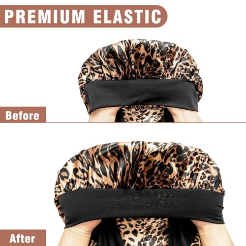 2Pcs Bonnets for Black Women Braid Bonnet, Large Long Satin Bonnet for Braids, Silk Bonnet with Stretchy Tie Band Sleep Cap Hair (2Pcs-Black&Leopard)