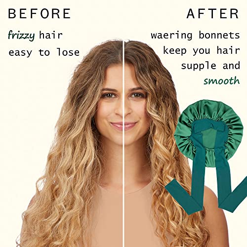 Satin Silk Hair Bonnet for Sleeping - Large Bonnets With Tie Band, Adjustable Straps, Night Sleep Cap for Women With Curly Braid Hair - Hunter Green