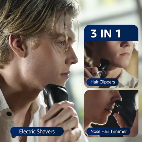 3-in-1 Electric Razor for Men, Waterproof Rotary Shaver, Beard Trimmer with Nose Hair Attachment, Premium Black
