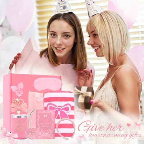 Birthday Gifts for Women Friendship Unique - Pink Bow Birthday Gifts for Teen Girls - Self Care Get Well Soon Presents Basket for Mom Sister Friend Bestie Wife Her Girlfriend Coworkers