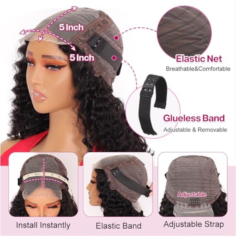 Curly Bob Wig Human Hair Deep Wave Glueless Wigs Human Hair Pre Plucked Pre Cut 5x5 Wear And Go Glueless HD Lace Closure Wigs Human Hair For Black Women 200% Density Black Color 14 Inch