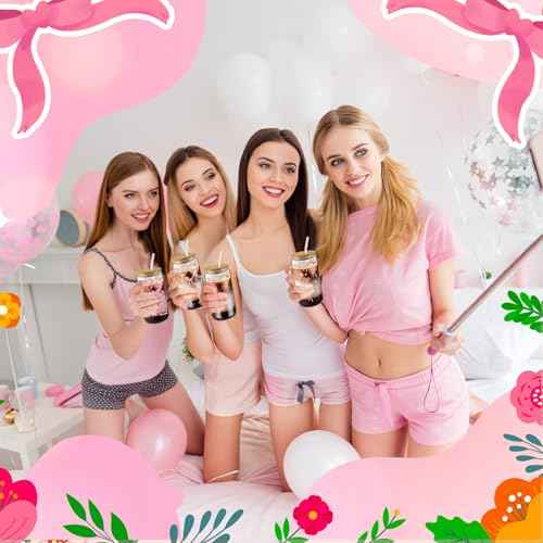 18 Pcs Pink Bow Glass Cups with Lids Coquette Bow Cosmetic Makeup Bag Pink Hair Scrunchies Ties for Women Birthday Wedding Gift Bridesmaid Bridal Valentines Christmas