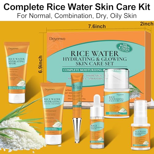 Skin Care Set,6Pcs Women Teen Glass Skincare w/Korean Rice Extract,Hydrate Glow Repair Anti-Aging Facial Routine Kit Gift for Women Mom Wife Teenage Girl Trendy Stuff Christmas Gifts Stocking Stuffers