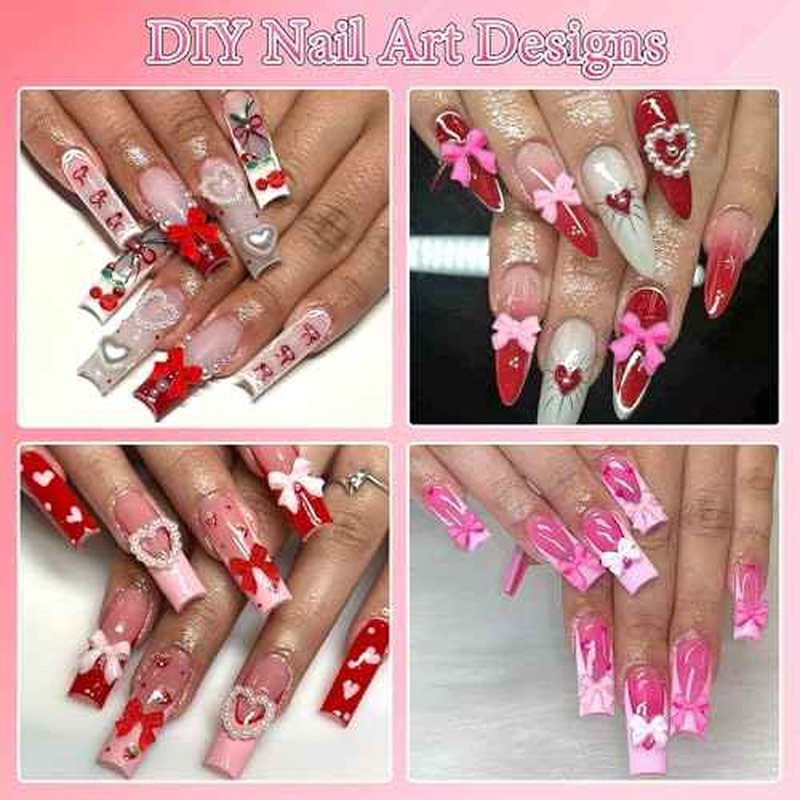 BELICEY 3D Nail Charms Red Pink Bow Cherry Flower Charms for Nails Mix Size Flatback Nail Pearls Gold Caviar Beads Nail Gems Rhinestones with Tweezer Picker Pen for Manicure DIY Nail Art Design Crafts