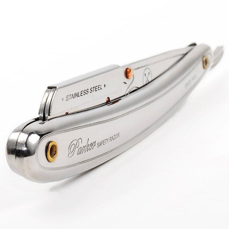 Parker SR1 Stainless Steel Straight Edge Barber Razor – Professional Shavette for Barbers & Home Use with 5 Premium Platinum Half Blades – Replaceable Blade Straight Razor for Close, Smooth Shaves
