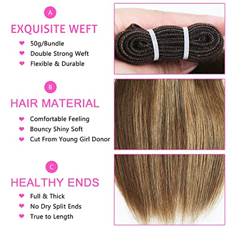 FQ 4/27 Highlight Bundles and Closure Straight P4/27 Human Hair Bundle with Closure(10 10 10+10) Brazilian Ombre Honey Blond Colored Short Bob 50g 3 Bundles with 4x4 Lace Closure