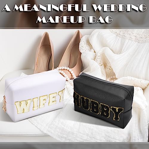 Pinkunn 2 Pcs Wifey Hubby Makeup Bag Bride Patch Cosmetic Bag Mrs Travel Toiletry Purse White Letter PU Leather Waterproof Pouch Wedding Bridal Shower Honeymoon Gift for Women Party Organizer