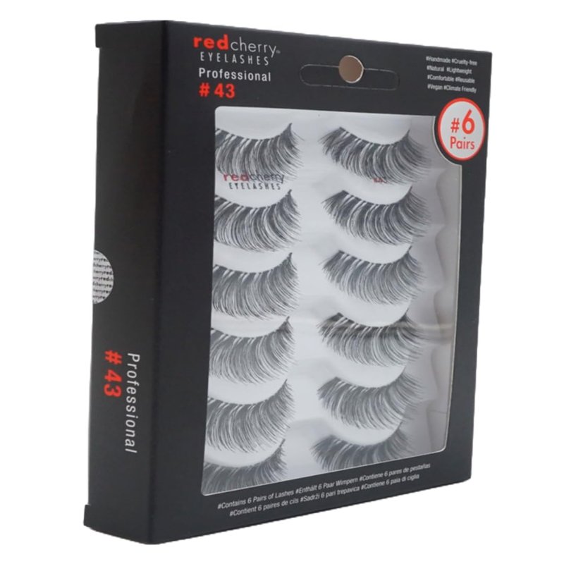 Red Cherry Eyelashes #43 False Eyelashes, 12 Pairs, Full Black, Handcrafted, Natural-Glamour Style, Cruelty-Free, Vegan