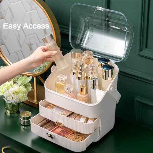 Preppy Skincare Organizers Makeup Organizer Holder Cosmetic Storage Box Display Case 3 Tiers Dust Free Cover Portable Handle 2 Rroomy Drawers Gift Great For Bathroom Countertop Dresser Ivory White