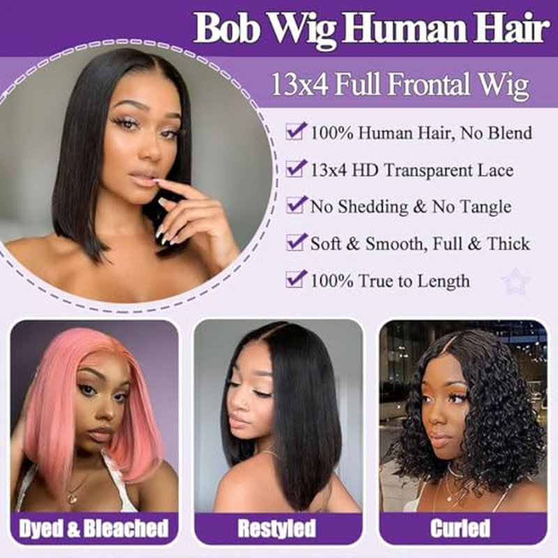 LICHANG Bob Wigs Human Hair 13x4 Lace Front Wigs Human Hair 180% Density Short Straight Frontal Bob Wigs 10 Inch