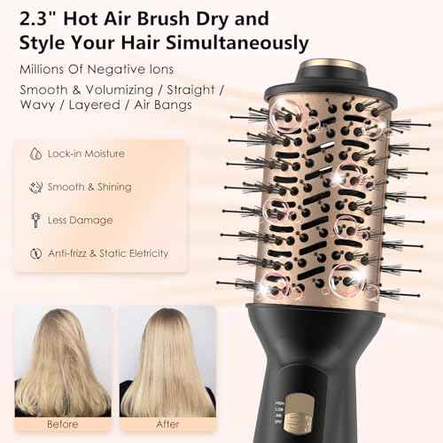 Travel Dual Voltage Hair Dryer Brush, Mini Auto Blow Dryer Brush in one, 2 Inch One Step Hot Air Hair Dryer and Styler for Home & Salon with EU&UK Plug (Gold)