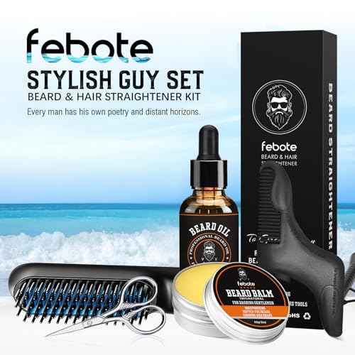 Innovation Blue Beard Straightener Kit w, Beard Balm, Beard Growth Oil, Beard Styling Comb & Scissors, Upgraded 5-in-1 Beard Set, Unique Stocking Stuffer Gifts for Friend, Father & Him