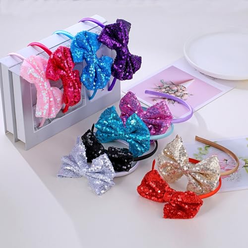 Kiszu Sparkly Sequin Hair Bow Headbands Fashion Glitter Cute Boutique Ribbon Bows for Girls, Kids, and Women (Sliver,Gold)