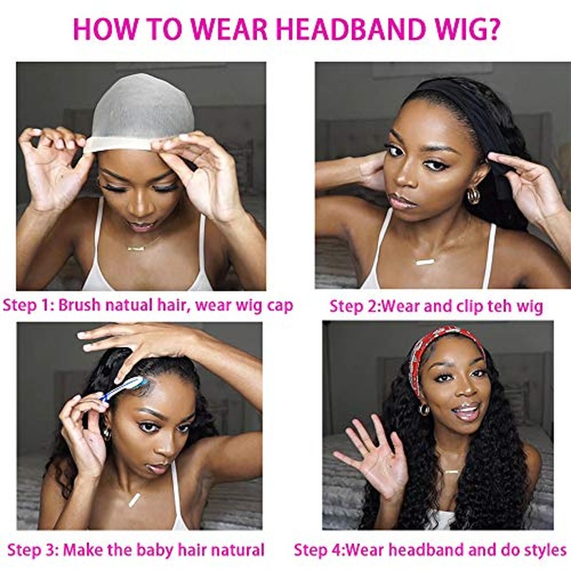 WENYAN Headband Wig Human Hair Deep Wave 16 Inch Wigs for Black Women Glueless None Lace Front Curly Wave Wig Brazilian Virgin Hair Wear and Go Wigs Machine Made 150% Density Natural Color